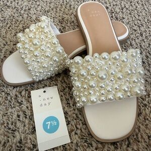 a new day Pearl-Studded Cream Slide Sandals